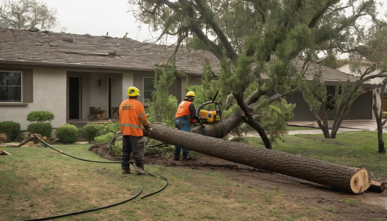 A local tree removal provider clearing a fallen tree from a backyard near a stucco home in San Clemente